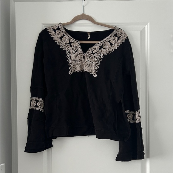 Free People Tops - Free People Black Blouse with Cream Embroidery